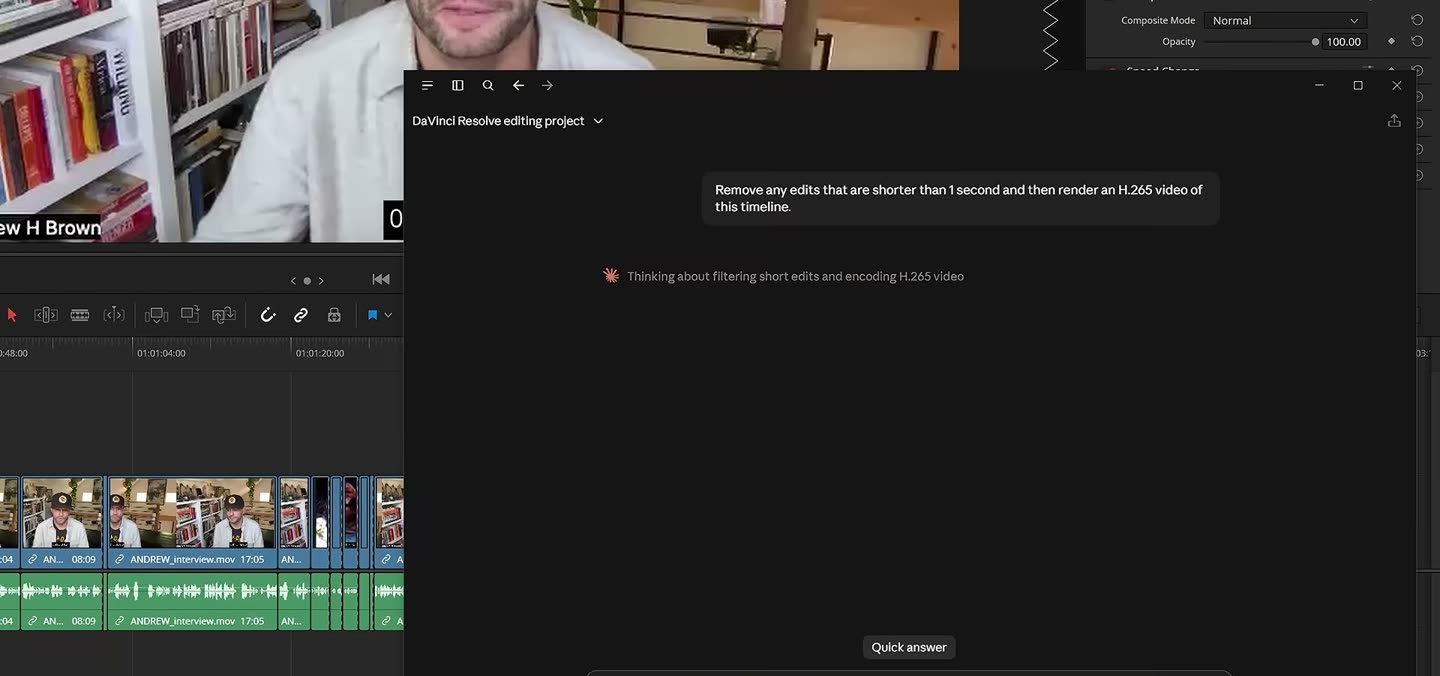Claude Desktop neben Resolve, der Prompt lautet Schnitte unter einer Sekunde entfernen und H.265 rendern